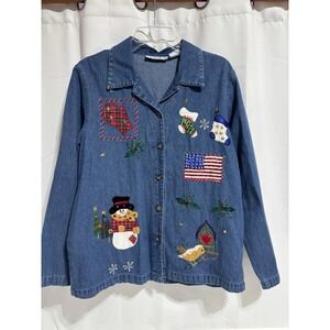 Victoria Jones Denim Christmas Button Shirt Size M Women's Santa Stockings Flag
